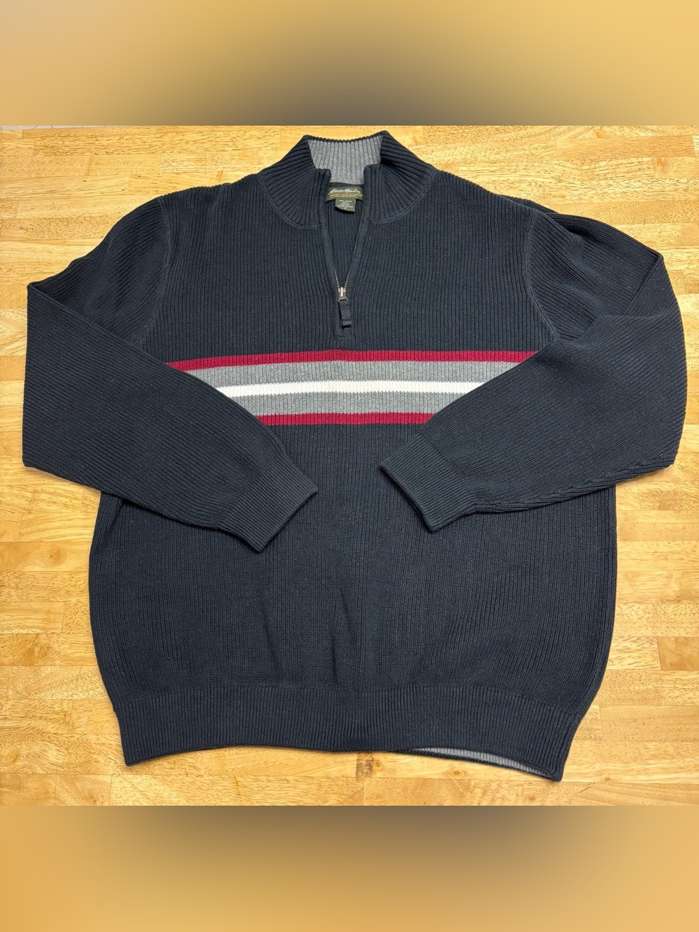 Eddie Bauer Vintage Quarter Zip Cotton Knit Sweater Striped Chest Navy Blue M
